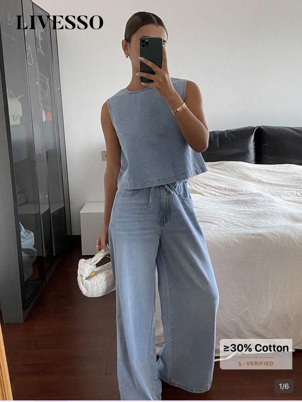 Light Wash Denim Two-Piece Set - Sleeveless Top & Wide Leg Jeans